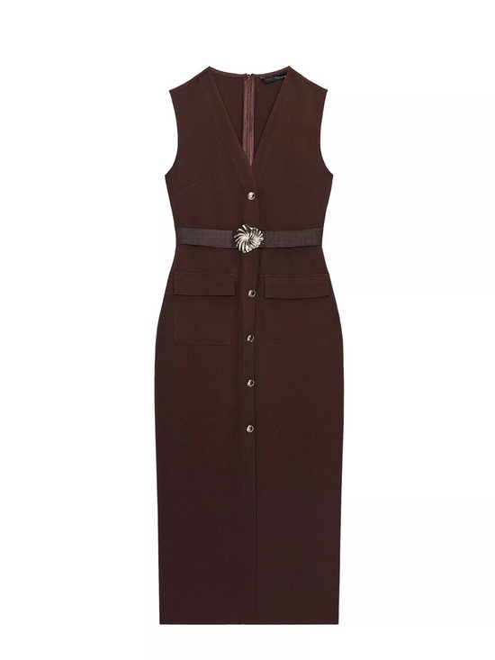 Zara Dresses & Skirts - Zara Chocolate Brown Sleeveless Midi Dress with Decorative Buckle